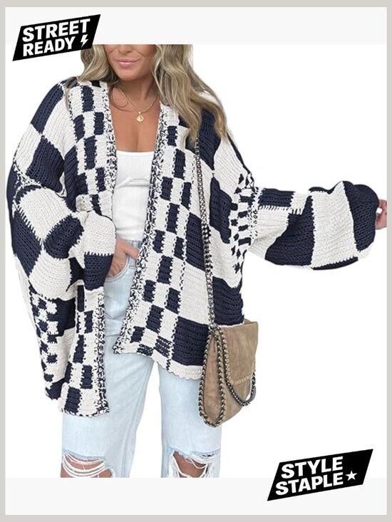 Sweaters - Casual Open Front Chunky Knit Cardigan Sweater Long Sleeve Checkered